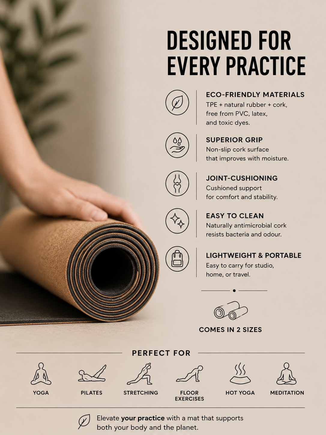 Natural Cork Rubber Yoga Mat | TPE & Natural Rubber | Eco-Friendly